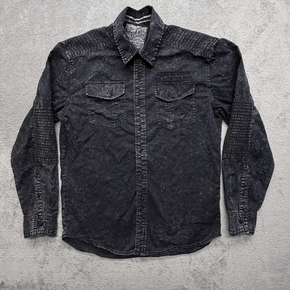 Affliction Shirt Mens M Black Embroidered‎ Graphic Denim Button Up Long Sleeve